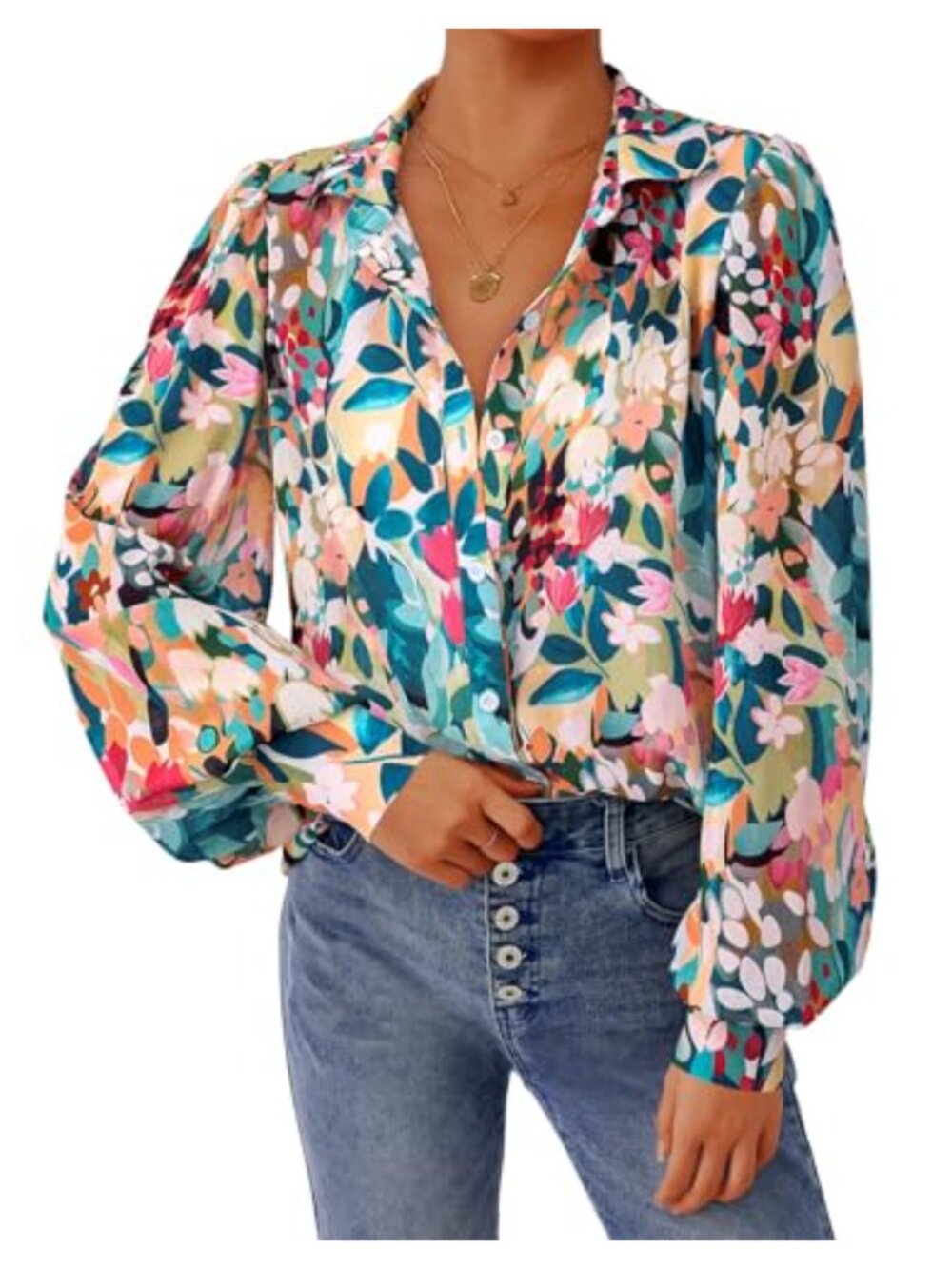 Chiffon Floral V-Neck Button Down Blouse Shirt Boho Lantern Long Sleeve